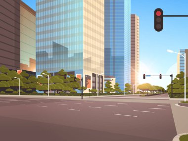 trafik ışık yüksek gökdelen modern cityscape güneş arka plan düz yatay ile beautifil şehir sokak asfalt yol