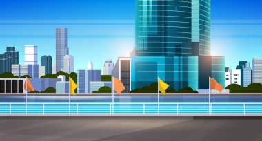 şehir silueti modern gökdelenler çit ve nehir karşı cityscape arka plan düz yatay afiş