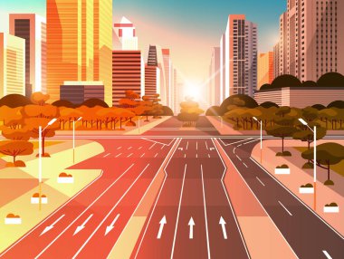 işaretleme oklar trafik işaretleri şehir silueti modern gökdelenler cityscape gün batımı arka plan düz yatay ile karayolu asfalt yol