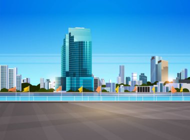 şehir silueti modern gökdelenler çit ve nehir karşı cityscape arka plan düz yatay afiş