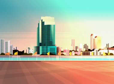 şehir silueti modern gökdelenler çit ve nehir karşı cityscape günbatımı arka plan düz yatay afiş