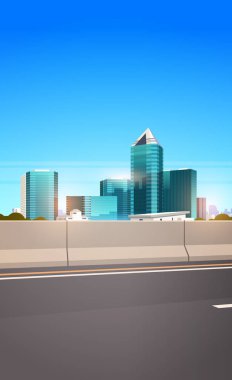 chipper şehir silueti modern gökdelenler cityscape arka plan düz dikey ile karayolu asfalt yol