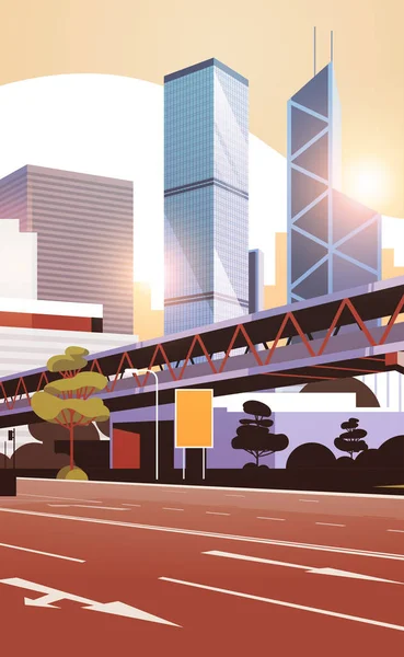 Carretera a horizonte de la ciudad con rascacielos modernos y metro paisaje urbano puesta del sol fondo plano vertical — Vector de stock