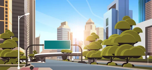 아스팔트 도로 정보 배너 교통 표지판 도시 스카이 라인 현대 고층 빌딩 도시 경관 햇빛 배경 평면 수평 — 스톡 벡터