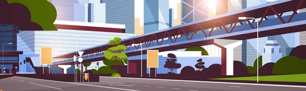 Modern gökdelenler ve metro cityscape arka plan düz yatay şehir silueti için karayolu yol — Stok Vektör
