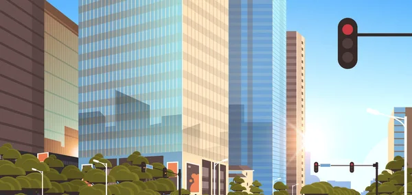 Beautifil ville rue avec feu de circulation skyline gratte-ciel haut paysage urbain moderne lever de soleil fond plat horizontal gros plan — Image vectorielle