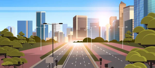 Estrada asfalto estrada com marcação setas sinais de tráfego cidade skyline modernos arranha-céus cityscape sol fundo plano horizontal — Vetor de Stock