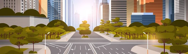 Strada asfaltata autostradale con marcatura frecce segnali stradali skyline città grattacieli moderni paesaggio urbano alba sfondo piatto orizzontale — Vettoriale Stock