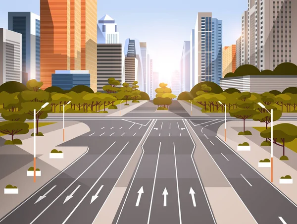 矢印を付いた高速道路アスファルト道路 交通標識都市スカイライン近代的な超高層ビル都市景観日の出の背景平らな水平 — ストックベクタ