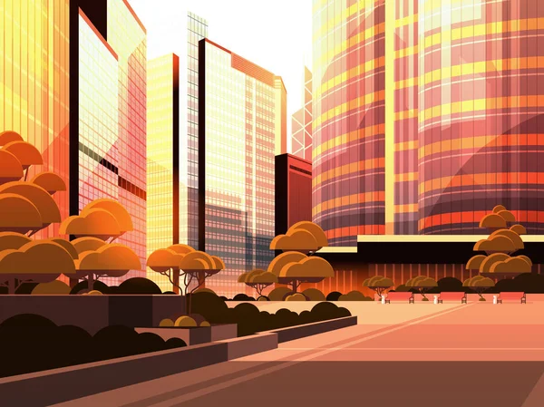 Beautifil city street sunset skyline rascacielos altos paisaje urbano moderno fondo plano horizontal — Vector de stock