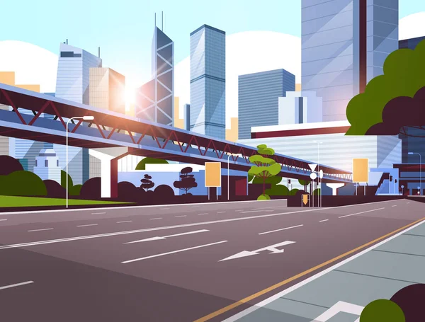 Carretera carretera a horizonte de la ciudad con rascacielos modernos y metro paisaje urbano amanecer fondo plano horizontal — Vector de stock