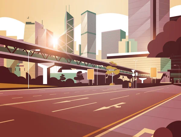 Carretera a horizonte de la ciudad con rascacielos modernos y metro paisaje urbano puesta del sol fondo plano horizontal — Archivo Imágenes Vectoriales