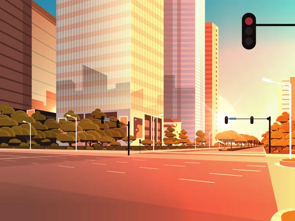 Beautifil cidade rua asfalto estrada com semáforo arranha-céu alto moderno cityscape pôr do sol fundo plano horizontal closeup — Vetor de Stock