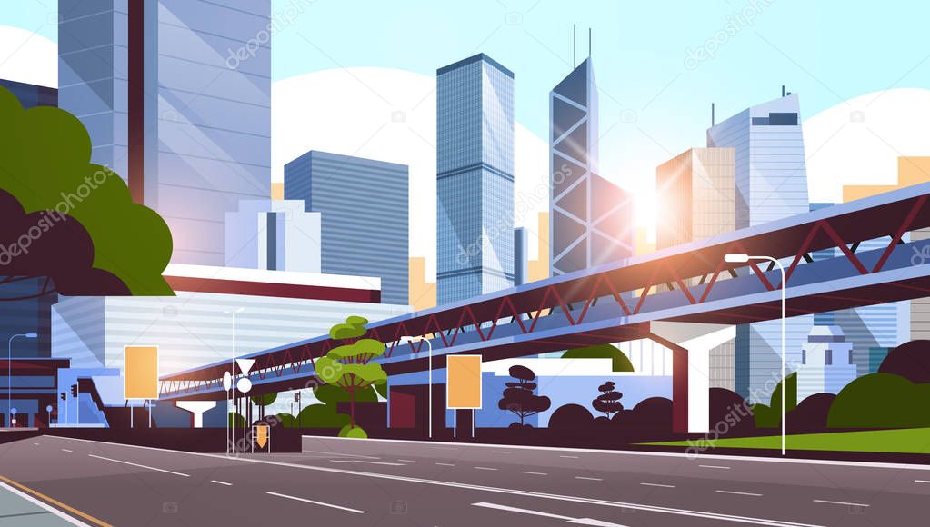 highway road to city skyline with modern skyscrapers and subway cityscape sunrise background flat horizontal