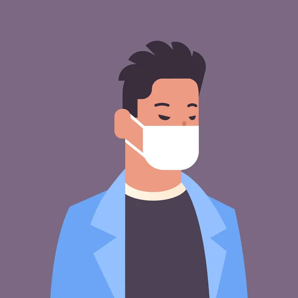 Άνθρωπος φορώντας μάσκα προσώπου περιβαλλοντική βιομηχανική σκόνη νέφος τοξική ρύπανση του αέρα και την προστασία του ιού έννοια αρσενικό καρτούν χαρακτήρα πορτραίτο επίπεδη — Διανυσματικό Αρχείο