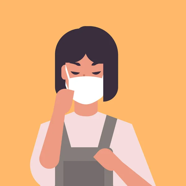 Woman wearing face mask environmental industrial smog dust toxic air pollution and virus protection concept female cartoon character portrait flat — Stock Vector