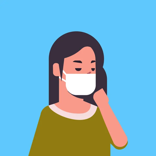 Woman wearing face mask environmental industrial smog dust toxic air pollution and virus protection concept female cartoon character portrait flat — Stock Vector