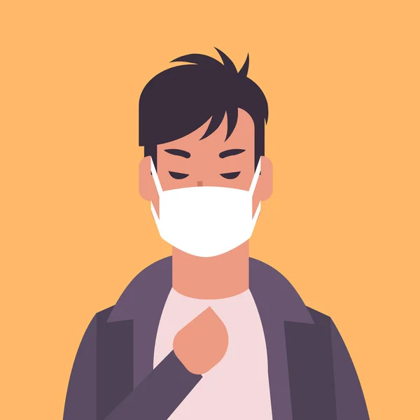 Man wearing face mask environmental industrial smog dust toxic air pollution and virus protection concept male cartoon character portrait flat — Stock Vector