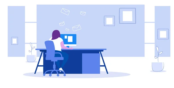Iş kadını sohbet bildirimleri ile bilgisayar monitörü kullanarak işyeri masa kız oturan sosyal ağ iletişim kavramı modern ofis iç kroki yatay — Stok Vektör