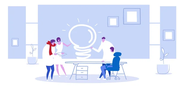 Grupo de empresários em reunião falando sobre novos empresários projeto pessoas brainstorming na mesa de escritório com luz lâmpada discussão de ideias conceito esboço horizontal comprimento total — Vetor de Stock