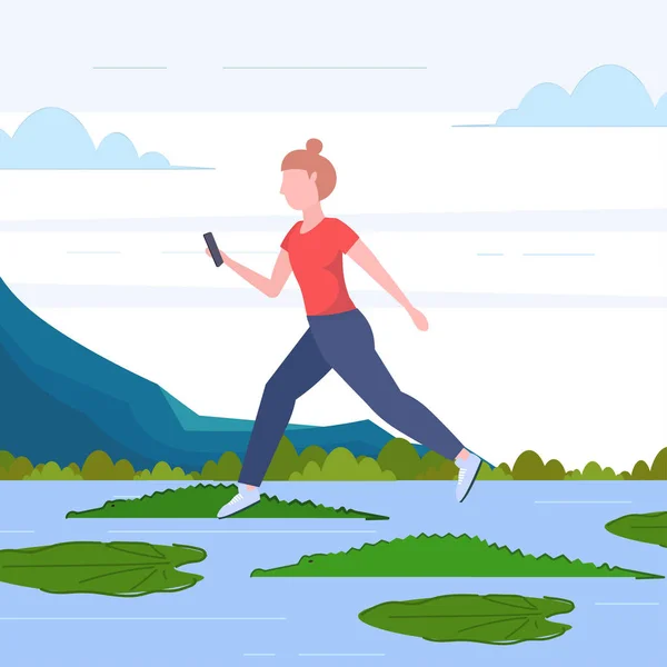 Wanita pemberani menggunakan smartphone melompati daun teratai di sungai dengan buaya risiko dan penentuan bahaya kecanduan digital konsep panjang penuh - Stok Vektor