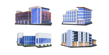 farklı ticari kurumsal ofis binaları simgeleri mimari varyasyonları toplama iş merkezi alışveriş merkezi süper pazar kütüphane sinema dış tasarım düz yatay ayarlayın