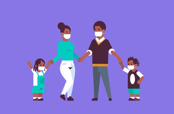 Rodzice i dzieci noszenie maski na twarz środowisko przemysłowe kurz zanieczyszczenia powietrza i ochrona wirus rodzina przytrzymanie ręce stojący razem płaski — Wektor stockowy
