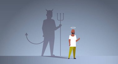 nimbus ile afrobus şeytan hayal aspirasyon kavramı erkek çizgi film karakteri ayakta iyi ve kötü gölge arasında seçim tam uzunlukta düz yatay poz