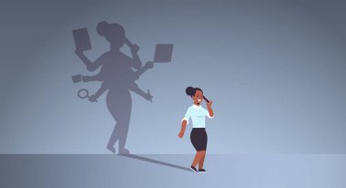 birçok elleri ile meşgul iş kadını telefon gölgesinde konuşan afro-amerikan iş kadını çok görevli overworked kavramı kadın çizgi film karakteri ayakta poz tam uzunlukta düz yatay