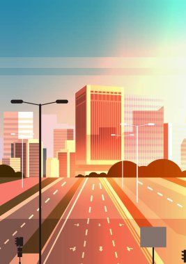 işaretleme oklar trafik işaretleri şehir silueti modern gökdelenler cityscape gün batımı arka plan düz dikey ile karayolu asfalt yol