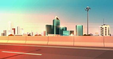 chipper şehir silueti modern gökdelenler cityscape günbatımı arka plan düz yatay afiş ile karayolu asfalt yol