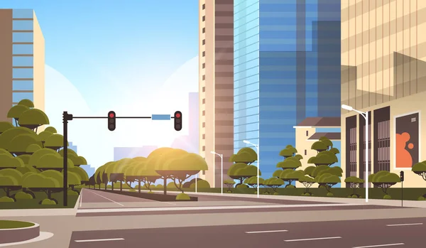 美化城市街道沥青路与交通灯高摩天大楼现代城市景观背景平水平特写 — 图库矢量图片