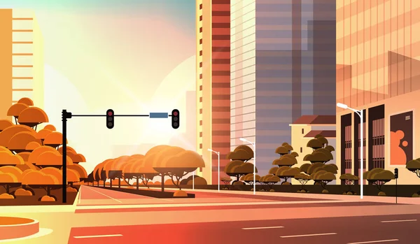 Beautifil City Street asfalt weg met verkeerslicht hoge wolkenkrabber moderne Cityscape zonsondergang achtergrond platte horizontale close-up — Stockvector