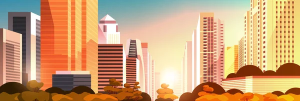 Varierad City på Sunset Panorama skyline High skyskrapor modern stadsbilden bakgrund platt horisontell — Stock vektor