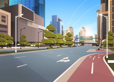 bisiklet bisiklet şeritli yol bilgileri afiş trafik işaretleri şehir silueti modern gökdelenler cityscape güneş arka plan düz yatay ile asfalt yol
