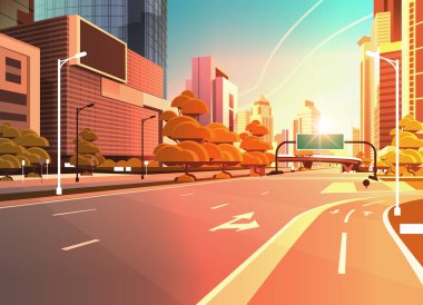 bisiklet bisiklet şeritli yol bilgileri afiş trafik işaretleri şehir silueti modern gökdelenler cityscape günbatımı arka plan düz yatay ile asfalt yol