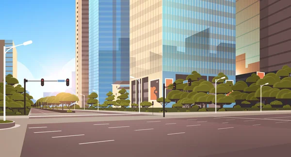 Beautifil ville rue asphalte route avec feu de circulation gratte-ciel haut fond urbain moderne plat horizontal gros plan — Image vectorielle