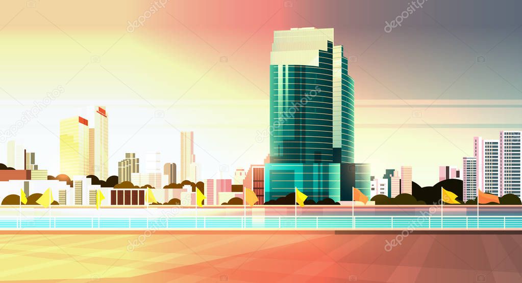 city skyline modern skyscrapers fence and river against cityscape sunset background flat horizontal banner