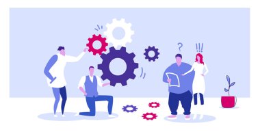 businesspople takım kontrol cogwheel işleme mekanizması meslektaşları beyin fırtınası yeni iş projesi kavramı kroki yatay tam uzunlukta üreten
