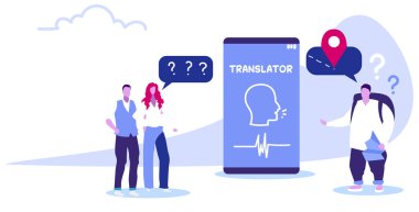 online çevirmen mobil uygulama kullanarak erkek kadın çift ile gezgin toplantı sırasında tartışan sesli insanlar tarafından dil çevirmek için sohbet kabarcık iletişim kavramı kroki yatay