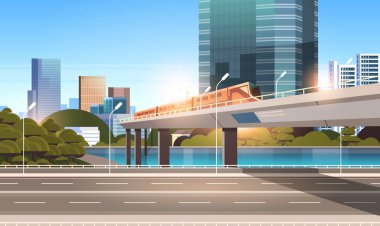 modern gökdelenler ile karayolu karayolu şehir sokak demiryolu monoray geçiş köprü kentsel cityscape arka plan düz yatay tren