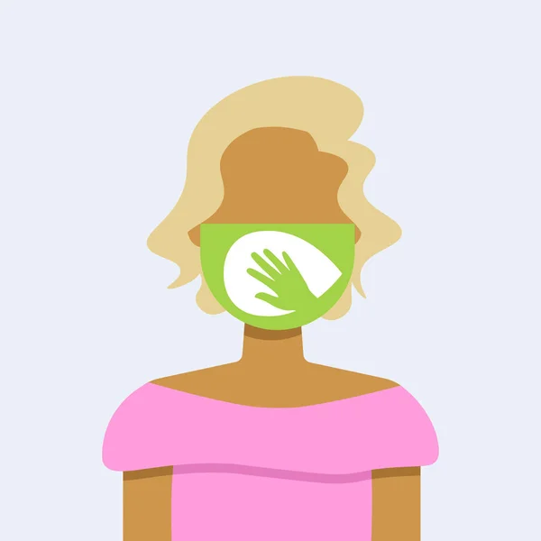 Meisje dragen beschermende gezichtsmasker met hand pictogram atmosfeer vervuiling concept vrouw profiel avatar vrouwelijke cartoon karakter portret plat — Stockvector