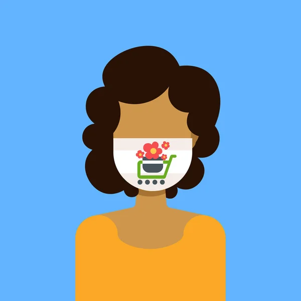 Donna che indossa maschera protettiva con fiore in vaso nel carrello del supermercato profilo ragazza avatar femminile personaggio dei cartoni animati ritratto piatto — Vettoriale Stock