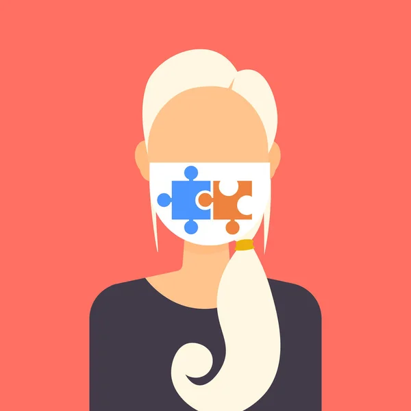 Femme portant masque protecteur avec pièces de puzzle icône problème solution concept fille profil avatar femme dessin animé personnage portrait plat — Image vectorielle