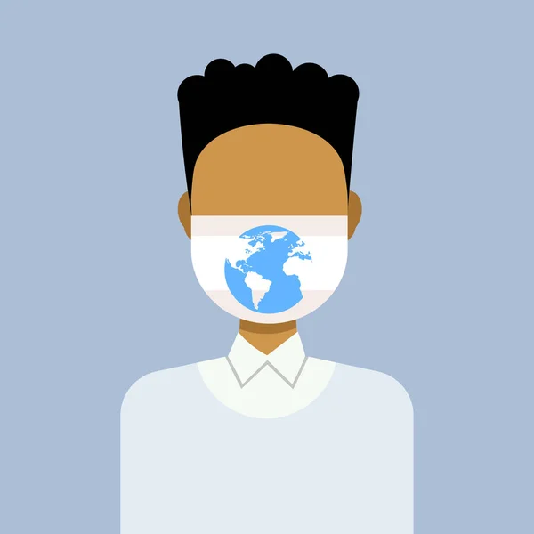 地球地球アイコン環境保護で保護フェイスマスクを着用した男は、世界の概念アフリカ系アメリカ人の男プロフィールアバター男性漫画のキャラクターの肖像画フラットを保存します — ストックベクタ