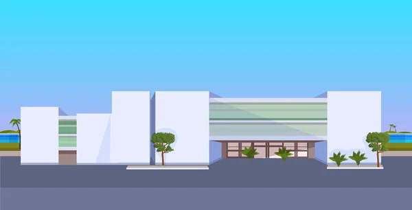 Сучасний готель офісна будівля зовнішній комерційний бізнес-центр дизайн ландшафтний фон плоский горизонтальний — стоковий вектор