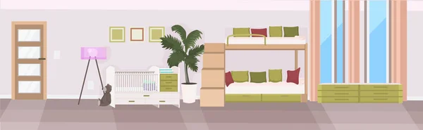 Modernes Babyzimmer mit Kinderbett und Etagenbett leer keine Personen Kinderzimmer innen flach horizontal — Stockvektor