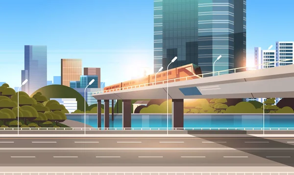 Highway Road City Street met moderne wolkenkrabbers trein op spoorweg Monorail Crossing Bridge stedelijke Cityscape achtergrond plat horizontaal — Stockvector