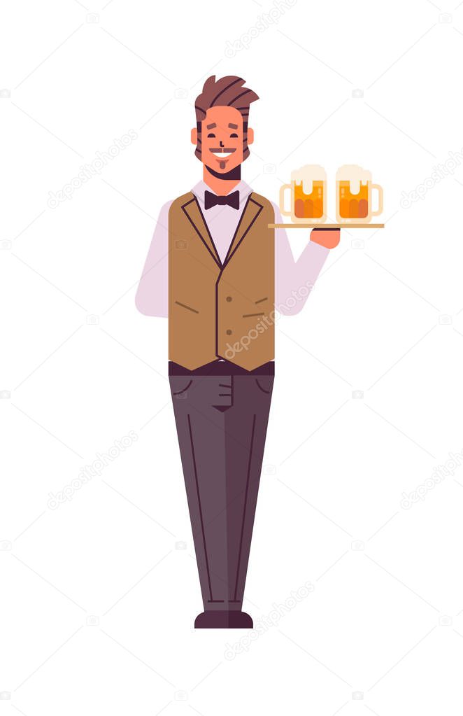 professional waiter holding serving tray with two glasses of beer man restaurant worker in uniform carrying alcohol drinks flat full length white background vertical