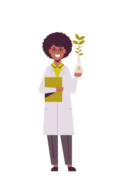 genetik laboratuvar araştırma bilim kimyasal kavramı dikey tam uzunlukta düz deneme yapma üniforma lı pano ile test tüpü afro-amerikan kadın bitki örneği inceleyen kadın bilim adamı